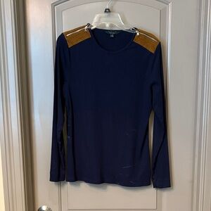 Navy Blue Long Sleeve Top with Brown Accents